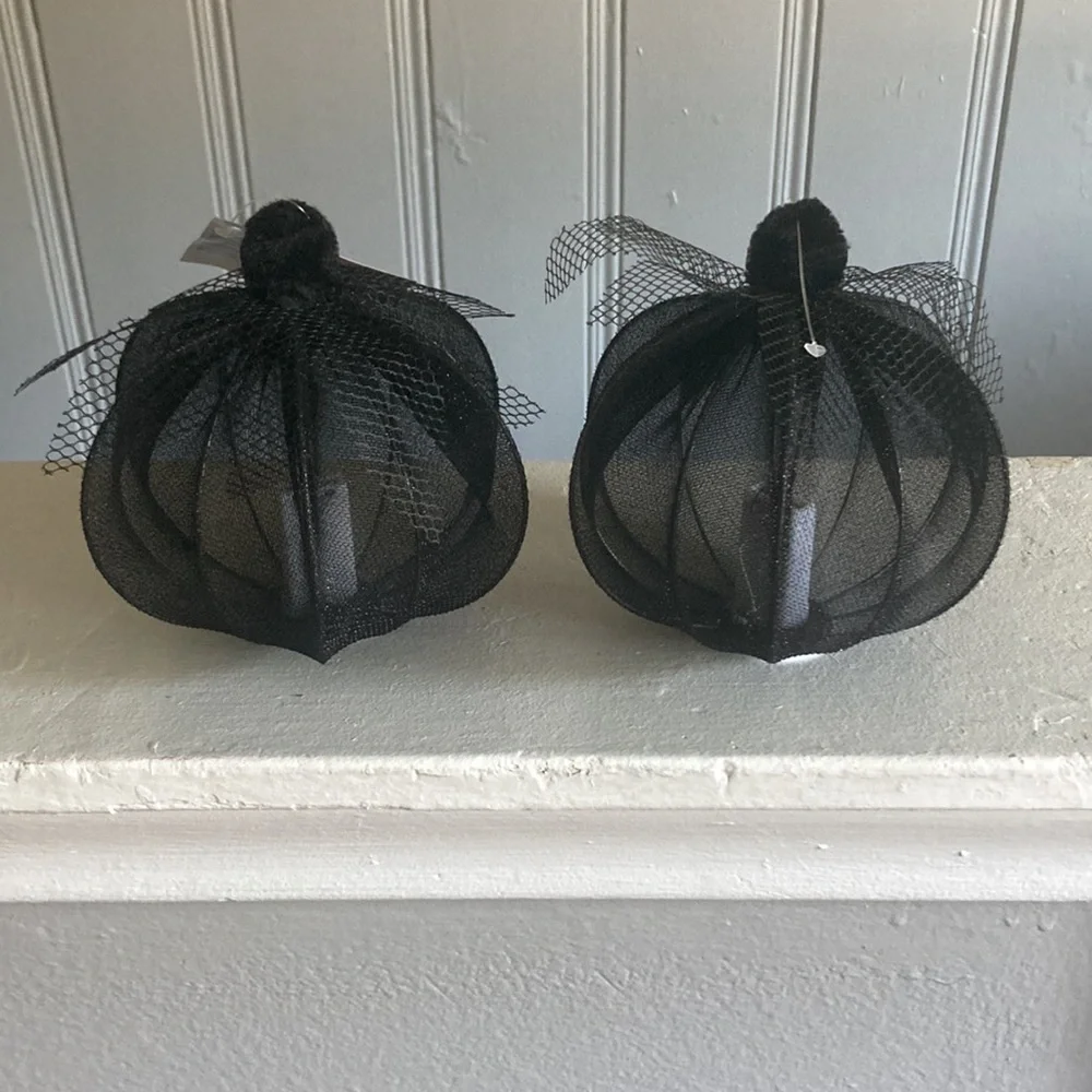 NWT- 2- Elegant Black Lace Covered Light Up LED Halloween Pumpkin Decorations